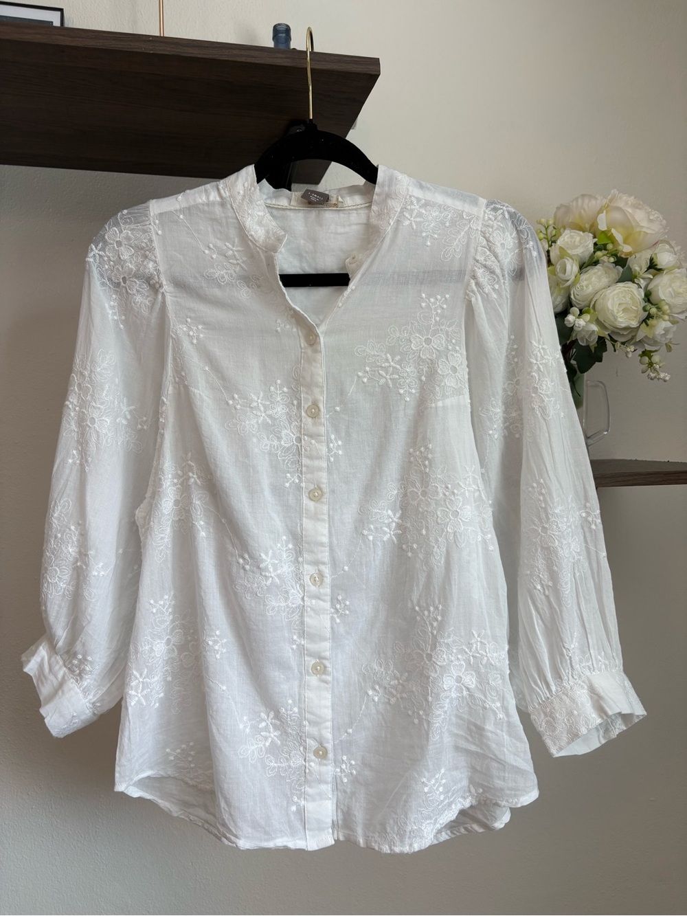 Anthropologie Pilcro White Cotton Embroidered Eyelet Long Sleeve Blouse XS